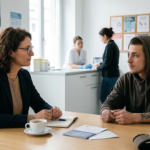 A psychologist engaged in a supportive, non-judgmental counseling session with a young man at a harm reduction center, featuring medical staff and overdose prevention resources in the background.