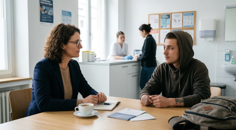 A psychologist engaged in a supportive, non-judgmental counseling session with a young man at a harm reduction center, featuring medical staff and overdose prevention resources in the background.