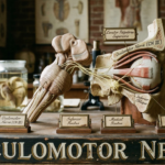 A detailed anatomical model in a vintage anatomy lab environment, illustrating the brainstem and a dissected eye socket. Thin threads trace the path of the oculomotor nerve (CN III) from the midbrain to specific eye muscles and the ciliary ganglion. Multiple labels on brass plates point out structures. A prominent weathered title 'OCULOMOTOR NERVE' is painted across the base.