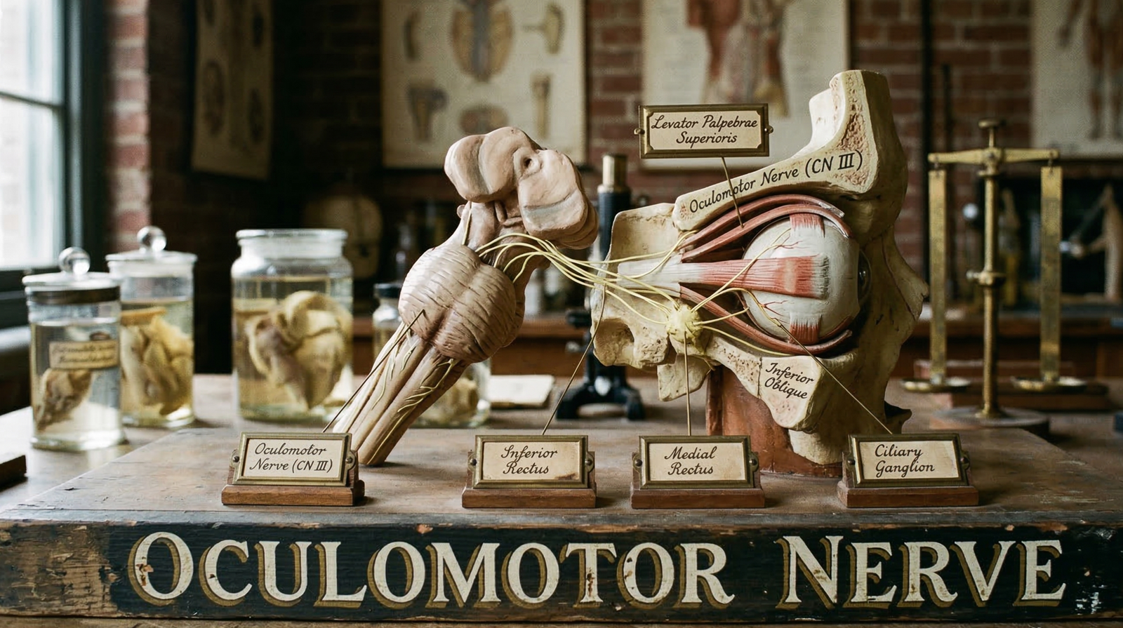 A detailed anatomical model in a vintage anatomy lab environment, illustrating the brainstem and a dissected eye socket. Thin threads trace the path of the oculomotor nerve (CN III) from the midbrain to specific eye muscles and the ciliary ganglion. Multiple labels on brass plates point out structures. A prominent weathered title 'OCULOMOTOR NERVE' is painted across the base.