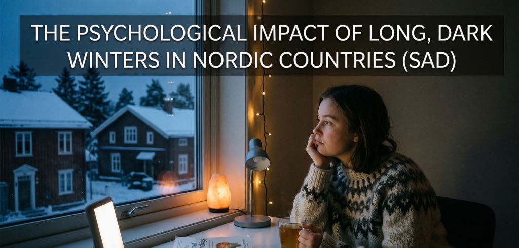 An interior photograph of a woman wearing a traditional Nordic sweater sitting at a desk during a dark winter evening in Scandinavia, looking contemplatively out a snowy window. On her desk are a cup of tea, a bright light therapy lamp (used for SAD), and a psychology textbook. Text overlay at the top reads: "THE PSYCHOLOGICAL IMPACT OF LONG, DARK WINTERS IN NORDIC COUNTRIES (SAD)".