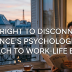 A woman relaxing and reading a book in a Parisian apartment with her closed laptop and smartphone set aside, illustrating the Right to Disconnect France and the psychology of work-life balance.