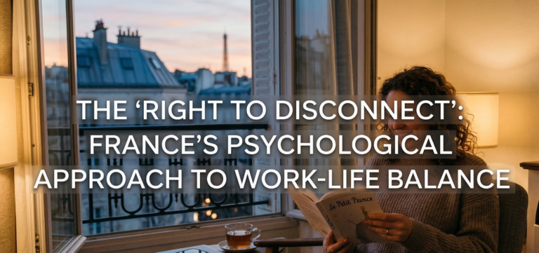 A woman relaxing and reading a book in a Parisian apartment with her closed laptop and smartphone set aside, illustrating the Right to Disconnect France and the psychology of work-life balance.