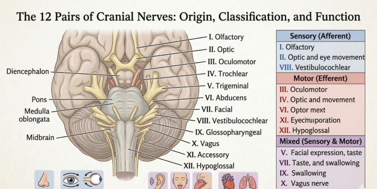 Anatomical diagram of the human brain showing the 12 pairs of cranial nerves, including their origins in the brainstem and their classifications as sensory, motor, or mixed.