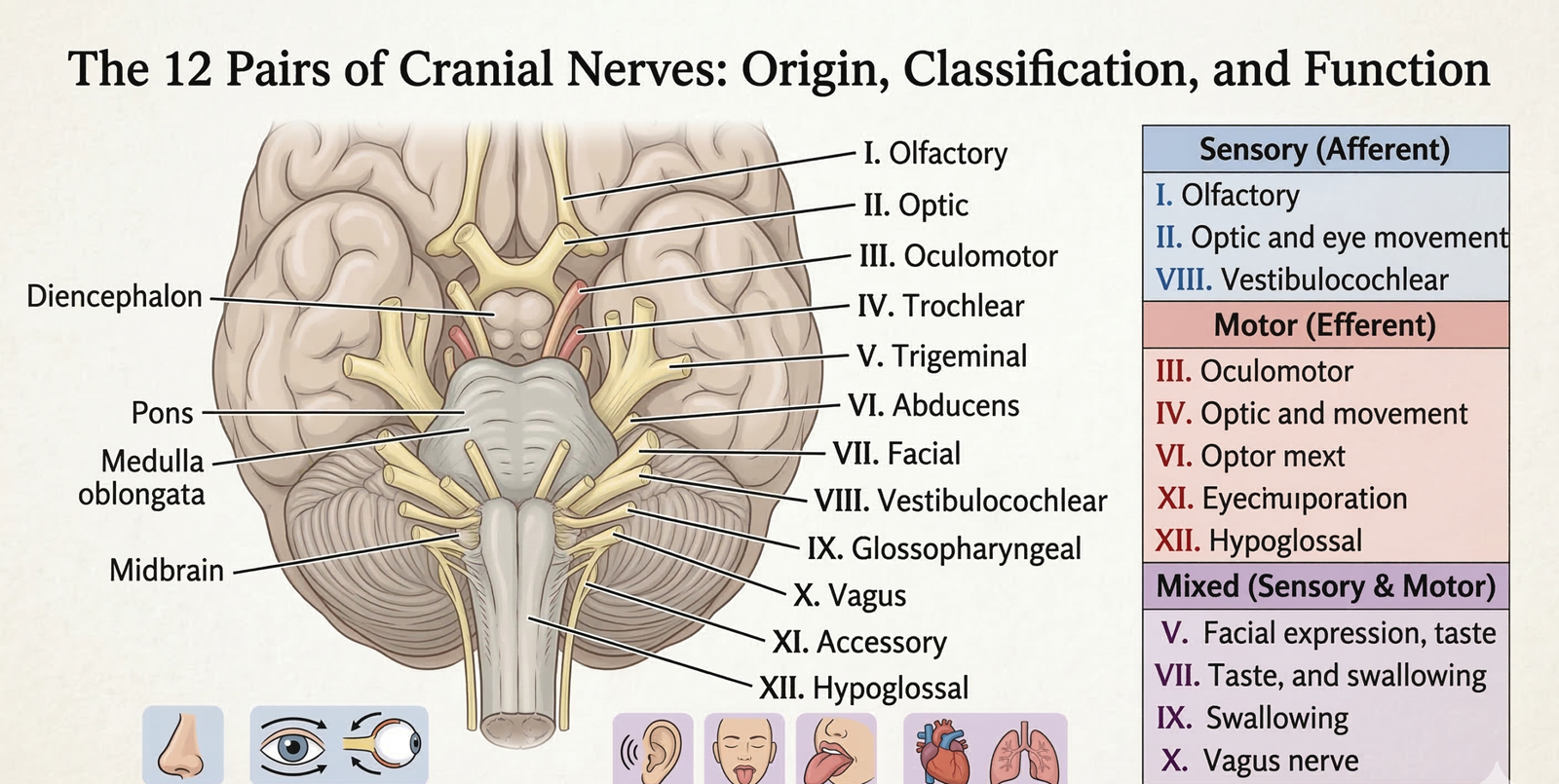 Anatomical diagram of the human brain showing the 12 pairs of cranial nerves, including their origins in the brainstem and their classifications as sensory, motor, or mixed.