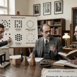 Three early 20th-century scholars in a vintage study discussing Gestalt principles of perception, with an academic journal reading "Gestalt Psychology: Understanding Its German Roots."