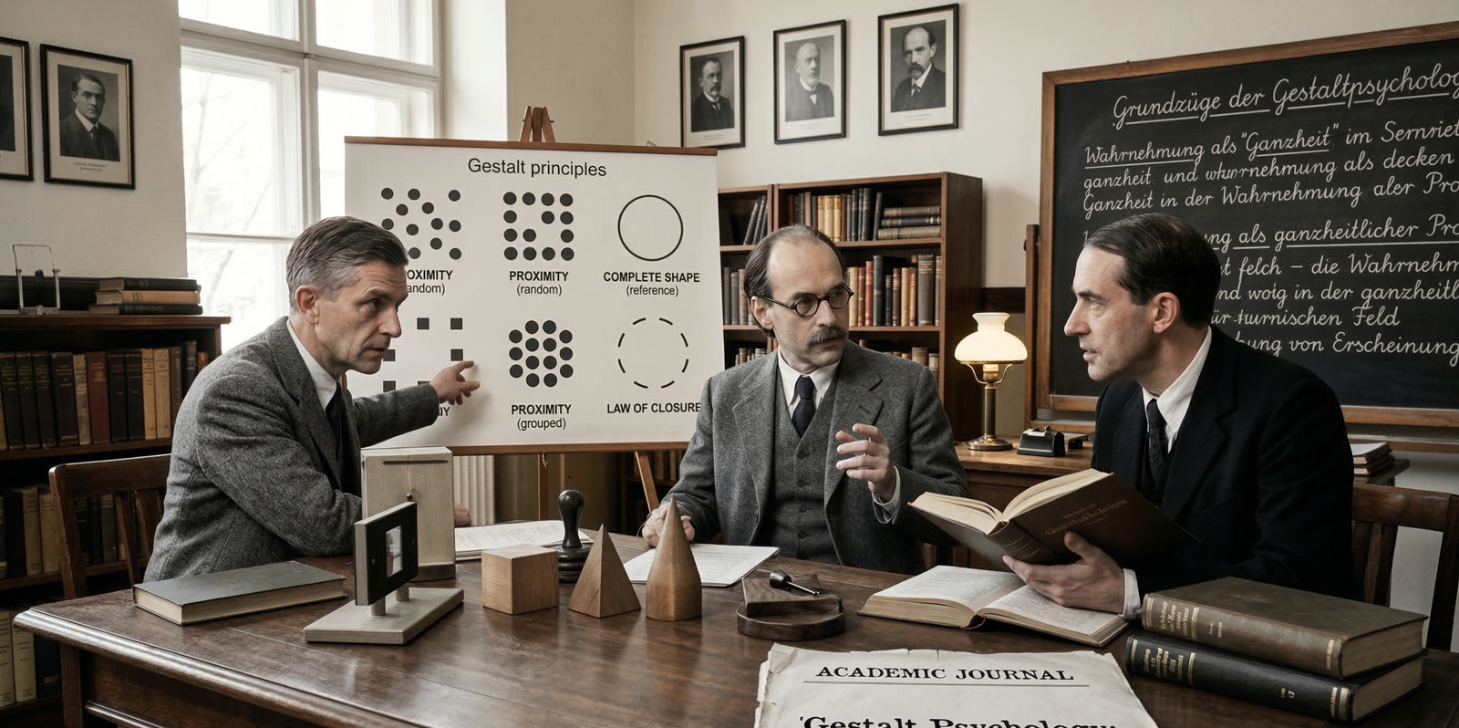 Three early 20th-century scholars in a vintage study discussing Gestalt principles of perception, with an academic journal reading "Gestalt Psychology: Understanding Its German Roots."