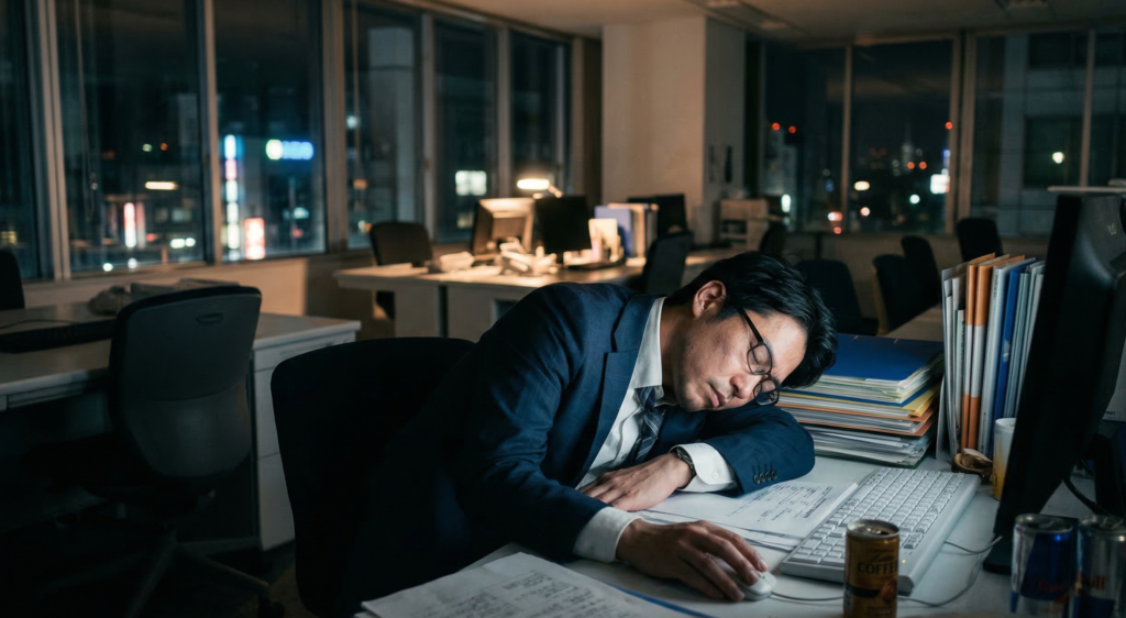 Exhausted Japanese businessman sleeping at his office desk late at night, symbolizing Karoshi psychology and extreme workplace burnout.