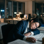 Exhausted Japanese businessman sleeping at his office desk late at night, symbolizing Karoshi psychology and extreme workplace burnout.