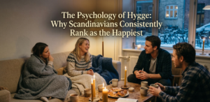 Four friends enjoying a cozy, candlelit gathering with warm drinks and blankets, illustrating the psychology of hygge and Scandinavian happiness.