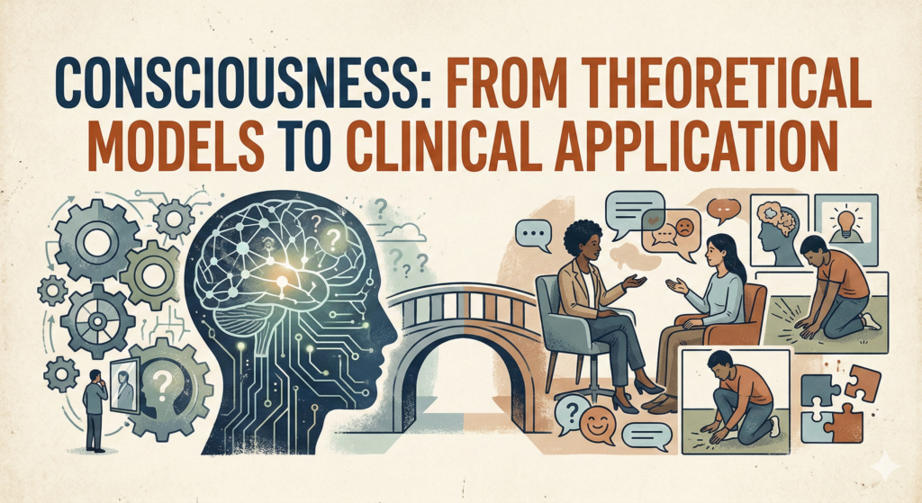 Illustration depicting the role of consciousness in clinical psychology, showing a bridge that connects theoretical models of the brain to empirical clinical applications like therapy.