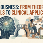 Illustration depicting the role of consciousness in clinical psychology, showing a bridge that connects theoretical models of the brain to empirical clinical applications like therapy.