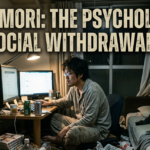 A documentary-style photograph of a disheveled young Japanese man in grey pajamas sitting at a desk with two computer monitors. He is surrounded by a severely cluttered bedroom filled with stacks of manga comics, convenience store trash, and clothing, representing extreme social isolation. Integrated text above the scene reads, 'HIKIKOMORI: THE PSYCHOLOGY OF SEVERE SOCIAL WITHDRAWAL IN JAPAN'. The window suggests nighttime.