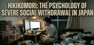 A documentary-style photograph of a disheveled young Japanese man in grey pajamas sitting at a desk with two computer monitors. He is surrounded by a severely cluttered bedroom filled with stacks of manga comics, convenience store trash, and clothing, representing extreme social isolation. Integrated text above the scene reads, 'HIKIKOMORI: THE PSYCHOLOGY OF SEVERE SOCIAL WITHDRAWAL IN JAPAN'. The window suggests nighttime.