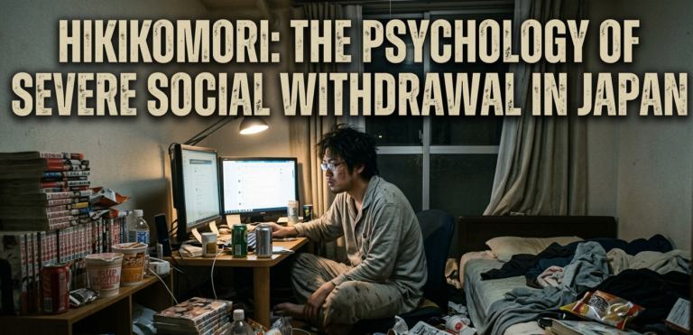 A documentary-style photograph of a disheveled young Japanese man in grey pajamas sitting at a desk with two computer monitors. He is surrounded by a severely cluttered bedroom filled with stacks of manga comics, convenience store trash, and clothing, representing extreme social isolation. Integrated text above the scene reads, 'HIKIKOMORI: THE PSYCHOLOGY OF SEVERE SOCIAL WITHDRAWAL IN JAPAN'. The window suggests nighttime.