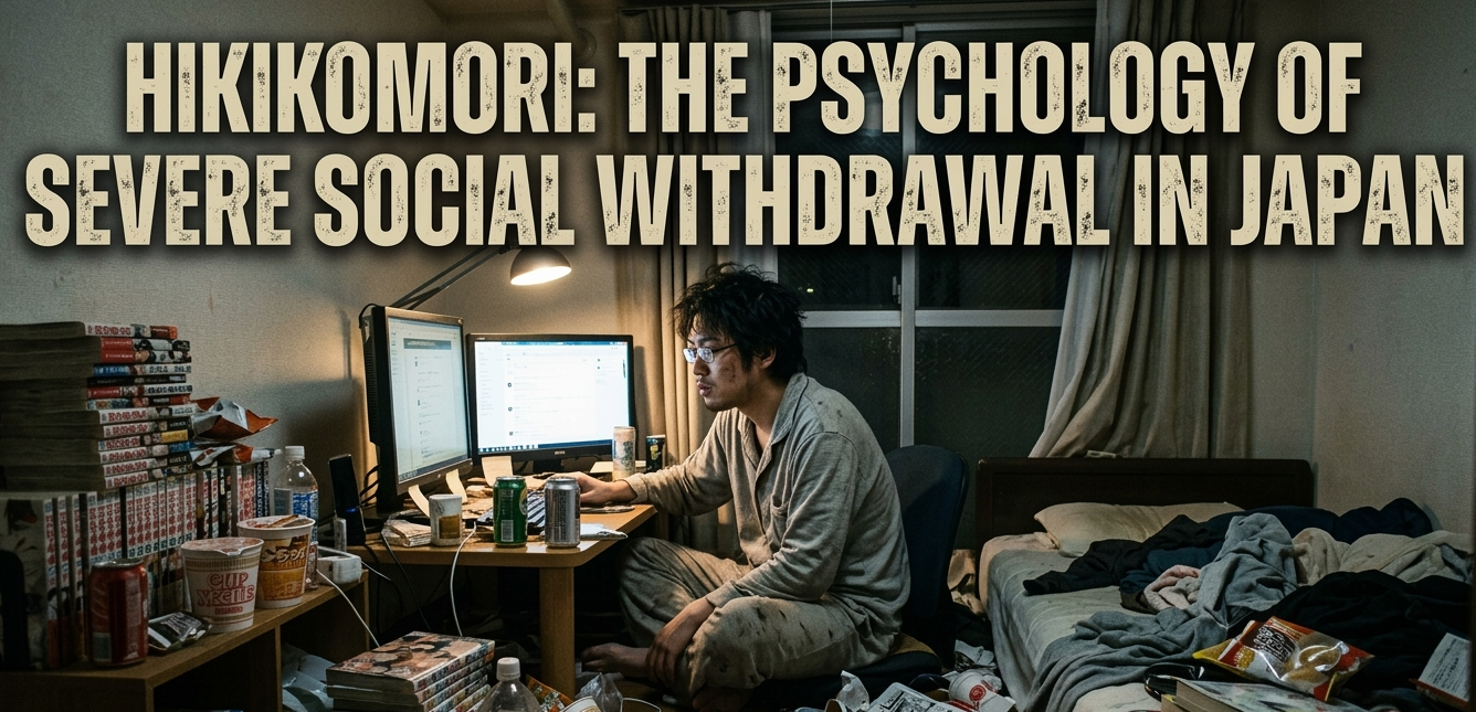 A documentary-style photograph of a disheveled young Japanese man in grey pajamas sitting at a desk with two computer monitors. He is surrounded by a severely cluttered bedroom filled with stacks of manga comics, convenience store trash, and clothing, representing extreme social isolation. Integrated text above the scene reads, 'HIKIKOMORI: THE PSYCHOLOGY OF SEVERE SOCIAL WITHDRAWAL IN JAPAN'. The window suggests nighttime.