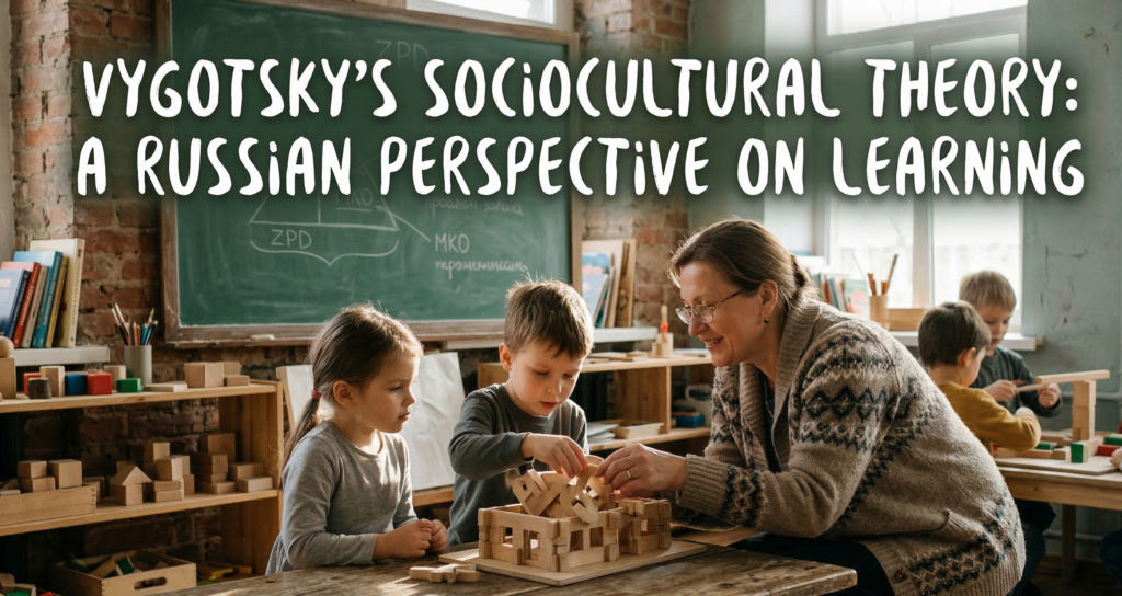 A teacher guiding young students with wooden building blocks in a classroom setting, illustrating the concept of scaffolding, with the text "Vygotsky's Sociocultural Theory: A Russian Perspective on Learning" displayed across the top.
