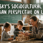 A teacher guiding young students with wooden building blocks in a classroom setting, illustrating the concept of scaffolding, with the text "Vygotsky's Sociocultural Theory: A Russian Perspective on Learning" displayed across the top.