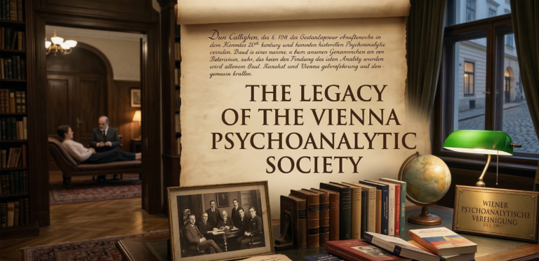 A vintage desk displaying a historical photograph of the Vienna Psychoanalytic Society members, alongside classic psychology books, a globe, and a prominent title card reading The Legacy of the Vienna Psychoanalytic Society.