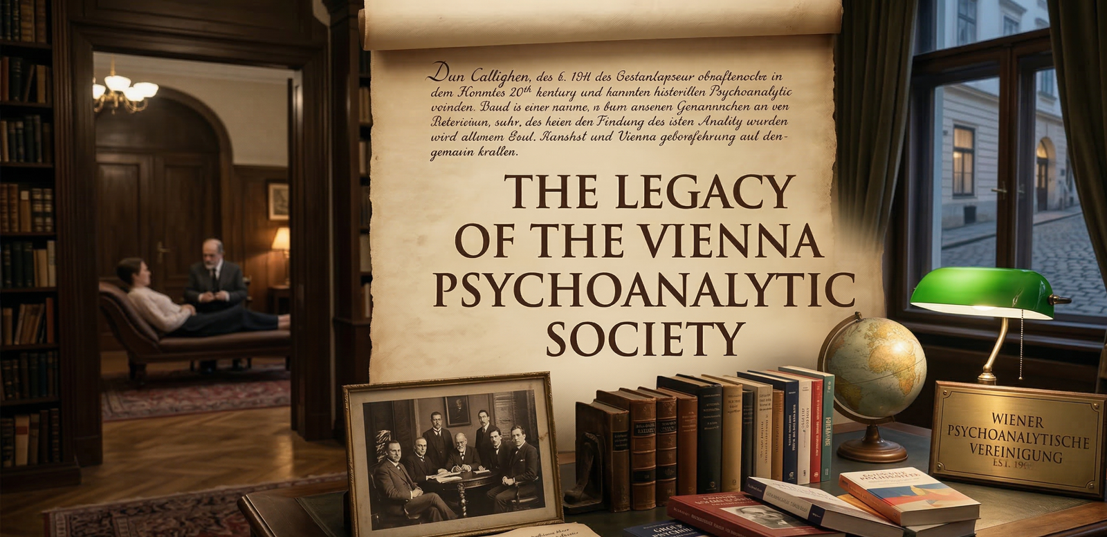 A vintage desk displaying a historical photograph of the Vienna Psychoanalytic Society members, alongside classic psychology books, a globe, and a prominent title card reading The Legacy of the Vienna Psychoanalytic Society.