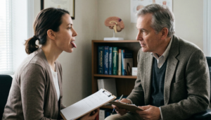 A clinical setting where a neuropsychologist is performing a hypoglossal nerve assessment by asking a female patient to protrude her tongue.
