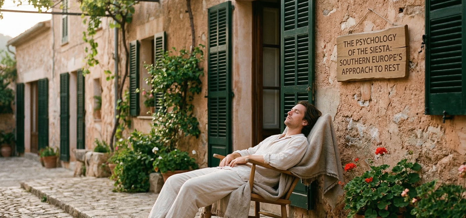 A man in casual clothes relaxes with eyes closed in a wooden rocking chair in a rustic Mediterranean stone courtyard, under a wooden sign reading "THE PSYCHOLOGY OF THE SIESTA: SOUTHERN EUROPE’S APPROACH TO REST."