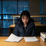 An exhausted South Korean student studying alone late at night at a desk with textbooks and test papers, illustrating the Suneung exam mental health crisis and extreme academic pressure.
