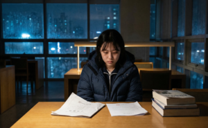 An exhausted South Korean student studying alone late at night at a desk with textbooks and test papers, illustrating the Suneung exam mental health crisis and extreme academic pressure.