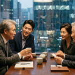 Four East Asian professionals smiling and conversing during a business meeting over tea, representing the relationship-building and trust central to the psychology of Guanxi.