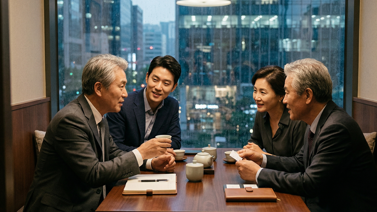 Four East Asian professionals smiling and conversing during a business meeting over tea, representing the relationship-building and trust central to the psychology of Guanxi.