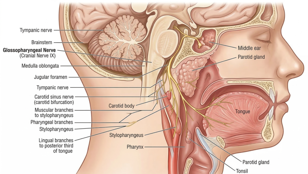 Detailed anatomical diagram showing the pathway and branches of the glossopharyngeal nerve (Cranial Nerve IX) in the human head and neck, including connections to the tongue, pharynx, and parotid gland.