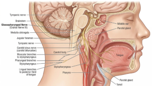 Detailed anatomical diagram showing the pathway and branches of the glossopharyngeal nerve (Cranial Nerve IX) in the human head and neck, including connections to the tongue, pharynx, and parotid gland.