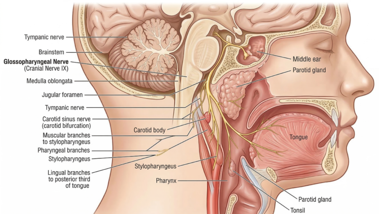 Detailed anatomical diagram showing the pathway and branches of the glossopharyngeal nerve (Cranial Nerve IX) in the human head and neck, including connections to the tongue, pharynx, and parotid gland.