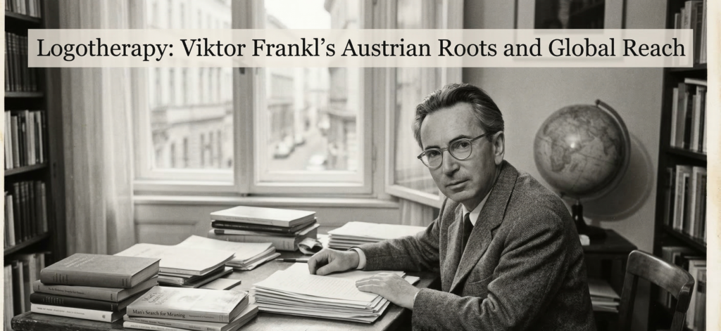 Black and white vintage-style portrait of psychiatrist Viktor Frankl sitting at a desk with books, manuscripts, and a globe, featuring the text "Logotherapy: Viktor Frankl’s Austrian Roots and Global Reach" across the top.