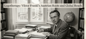 Black and white vintage-style portrait of psychiatrist Viktor Frankl sitting at a desk with books, manuscripts, and a globe, featuring the text "Logotherapy: Viktor Frankl&rsquo;s Austrian Roots and Global Reach" across the top.