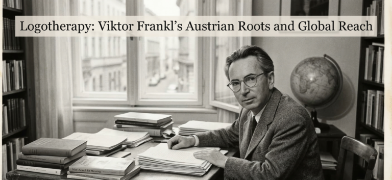 Black and white vintage-style portrait of psychiatrist Viktor Frankl sitting at a desk with books, manuscripts, and a globe, featuring the text "Logotherapy: Viktor Frankl’s Austrian Roots and Global Reach" across the top.