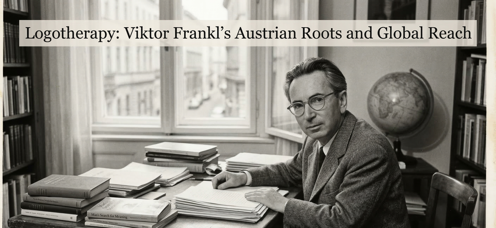 Black and white vintage-style portrait of psychiatrist Viktor Frankl sitting at a desk with books, manuscripts, and a globe, featuring the text "Logotherapy: Viktor Frankl’s Austrian Roots and Global Reach" across the top.