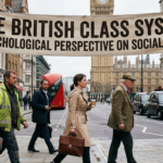 A diverse group of people representing different social classes walking on a London street under a large banner that reads, "The British Class System: A Psychological Perspective on Social Identity."