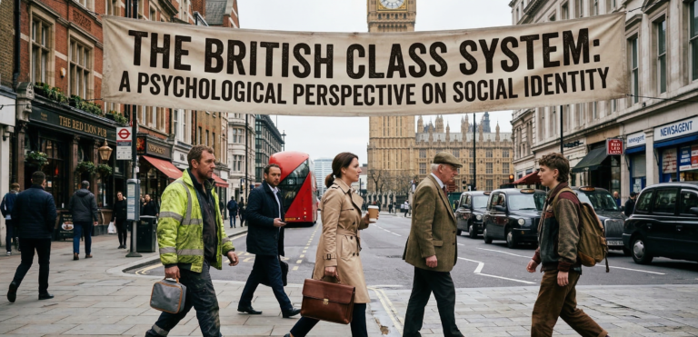 A diverse group of people representing different social classes walking on a London street under a large banner that reads, "The British Class System: A Psychological Perspective on Social Identity."