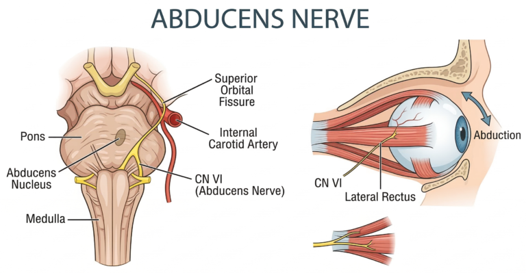 The Abducens Nerve (Cranial Nerve VI): Anatomy, Function, and Clinical Significance 5 Medical illustration of the Abducens Nerve showing its origin in the brainstem, its pathway past the internal carotid artery and superior orbital fissure, and its innervation of the lateral rectus muscle responsible for eye abduction.