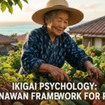 An elderly Okinawan woman smiling happily while tending to her vibrant vegetable garden at sunset, illustrating the concept of Ikigai psychology and finding meaning in daily life, with the text "Ikigai Psychology: The Okinawan Framework for Purpose".