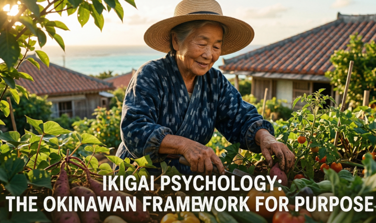 Ikigai Psychology: The Okinawan Framework for Purpose 4 An elderly Okinawan woman smiling happily while tending to her vibrant vegetable garden at sunset, illustrating the concept of Ikigai psychology and finding meaning in daily life, with the text "Ikigai Psychology: The Okinawan Framework for Purpose".