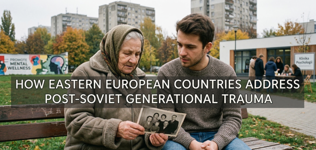 An elderly Eastern European woman and a young man sit together on a park bench, looking at an old black-and-white family photograph. In the background, there is a modern psychology clinic and a vibrant mural promoting mental wellness. Text across the center reads: "How Eastern European Countries Address Post-Soviet Generational Trauma."