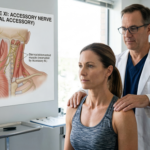 A doctor examining a patient's shoulder strength in a clinic, with an anatomical poster of the Accessory Nerve and trapezius muscle in the background.
