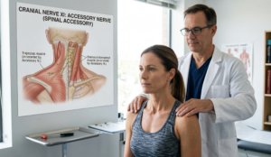 A doctor examining a patient's shoulder strength in a clinic, with an anatomical poster of the Accessory Nerve and trapezius muscle in the background.
