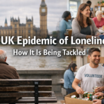 A collage showing an elderly man sitting alone near the River Thames in London while volunteers and community members interact and help others, illustrating efforts to address loneliness in the UK.